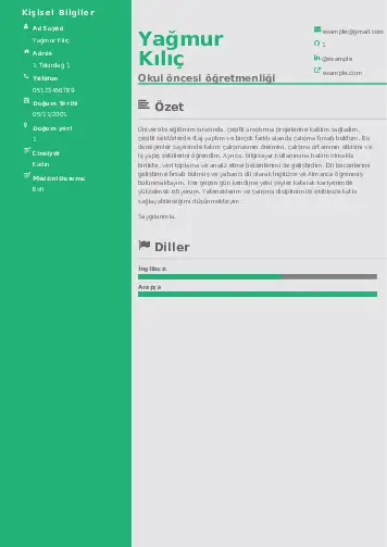 Okul Öncesi Öğretmeni Öğretmenliği Cv Örnekleri cv indir